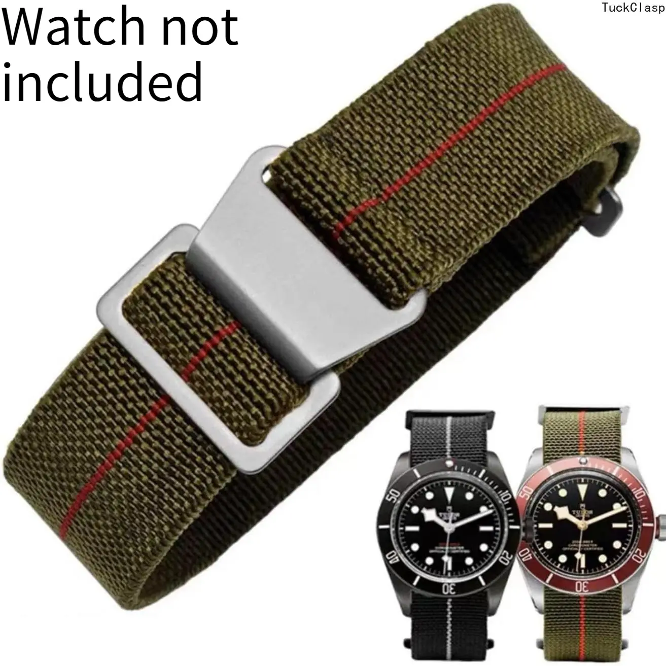 French Troops Paratrooper Watchband,Military Elastic Nylon Watch Strap with Hook-and-Loop for Men Women Silver & Black Buckle 18/20/22mm