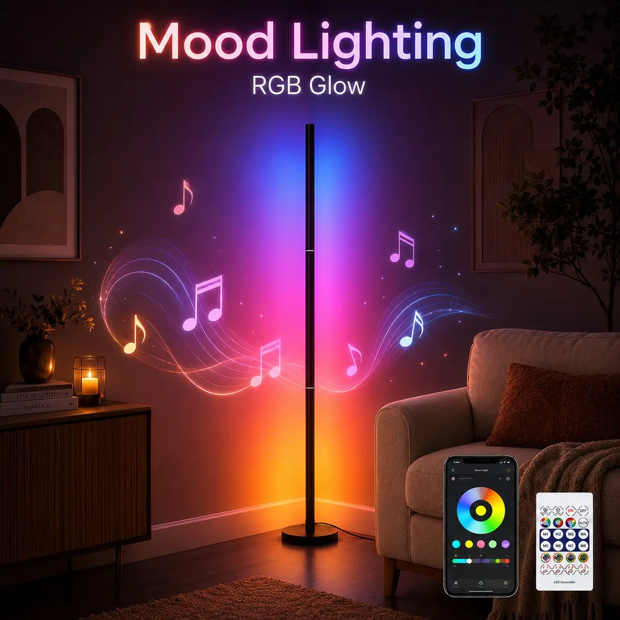 RGB LED Corner Floor Lamp, Smart Color Changing Standing Lamp with Music Sync, 16 Million Colors, 68+ Scenes, App & Remote Control, USB Plug-In Mood Light, Led Mood Lighting, Led Atmosphere Lamp for Bedroom Living Room Gaming Room