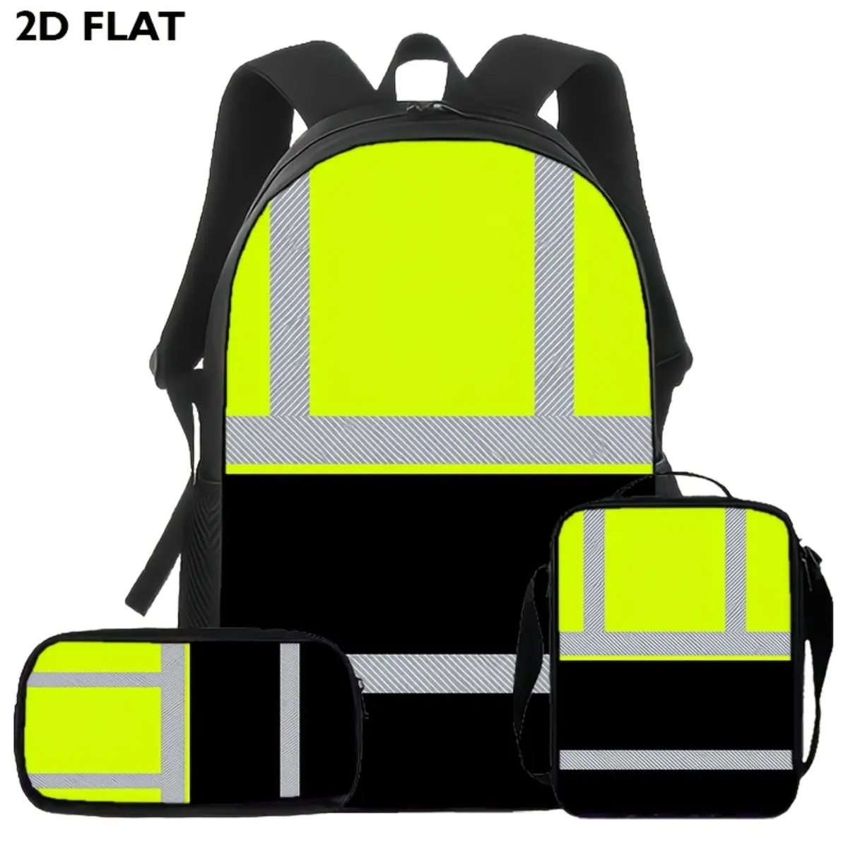 3-Piece Reflective Casual Backpack Set - Neon Yellow & Black Neon Stripe Design, Includes Backpack, Crossbody Bag, Pencil Case, Durable, Suitable for School & Outdoor Activities, Three-Piece Set