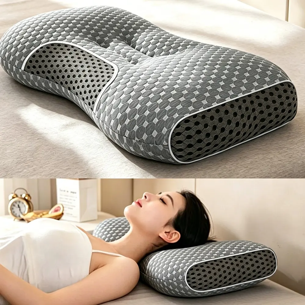 Cervical Neck Pillow Comfort Ergonomic Cervical Contour Pillow, Neck Support Sleeping Pillow for Side Back Belly Sleepers, Breathable Textured Surface Bed Pillow, Deep Sleep Contour Pillow, Multifunctional Rest Pillow for Home Bedroom Nighttime Use