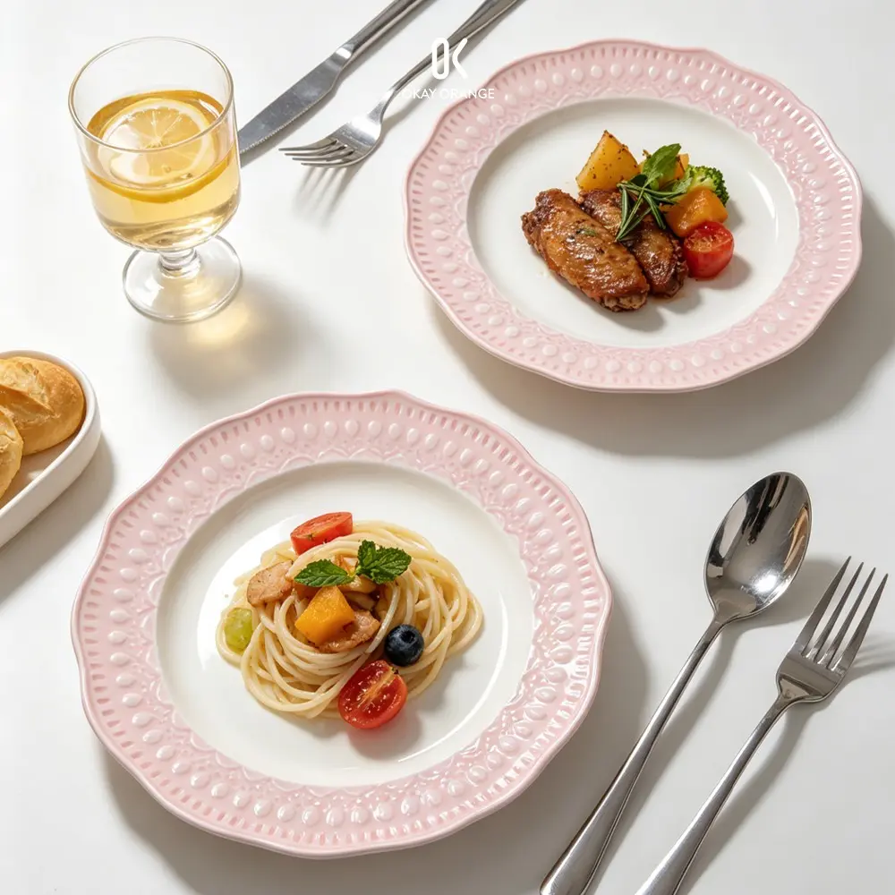 French Vintage Pink Ceramic Dinner Plates, 10.5 Inch Dinner Plate & 8 Inch Salad Plate, Coquette Cottagecore Aesthetic Embossed Porcelain Tableware, Textured Ceramic Plates