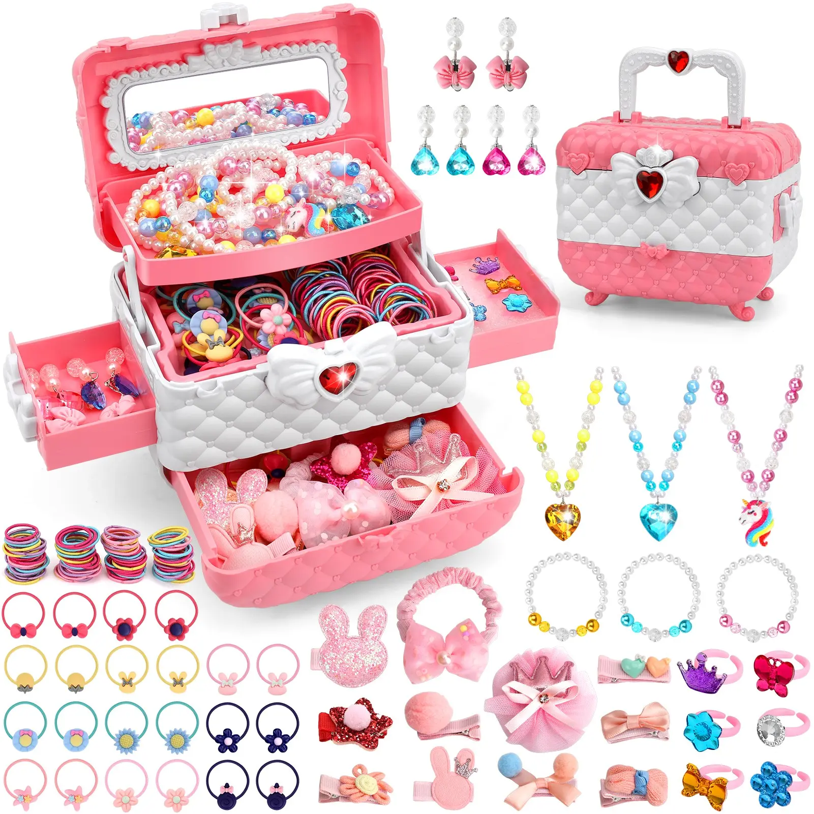 151 Pcs Princess Cute Jewelry Set for Girls, Kids Play Jewelry Kit with Necklaces Bracelets Rings Earrings Hair Clips Hair Ties, Dress Up Accessories Pretend Play Toys, Ideal Birthday Christmas Gifts for Girls Ages 3-12 (Pink)