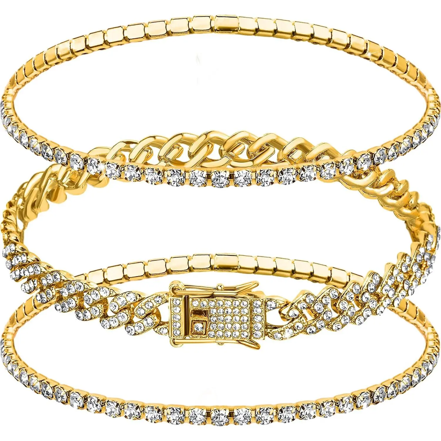 3-Piece Anklets for Women, Adjustable Cuban Link Chain & Synthetic Zircon Tennis Bracelet Set for Summer Beach, Wedding Gift, Set Of Three