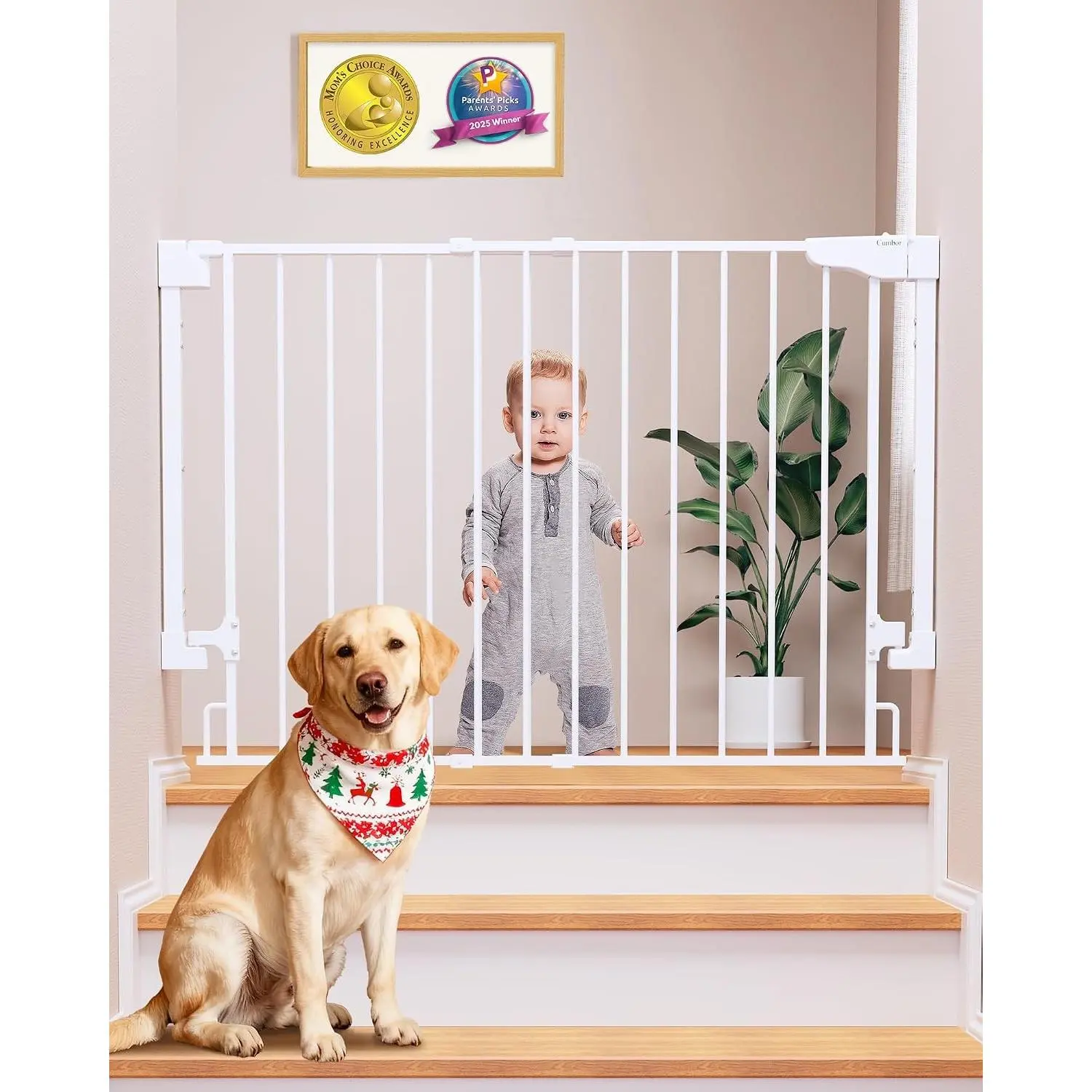 29.2–43" Baby Gate for Stairs, Hardware Mounted (Drill Required), Expandable No Bottom Bar Dog Gate, Auto Close Extra Wide Walk Thru, Pet & Toddler Proof Gate, Top & Bottom of Stairways (White)
