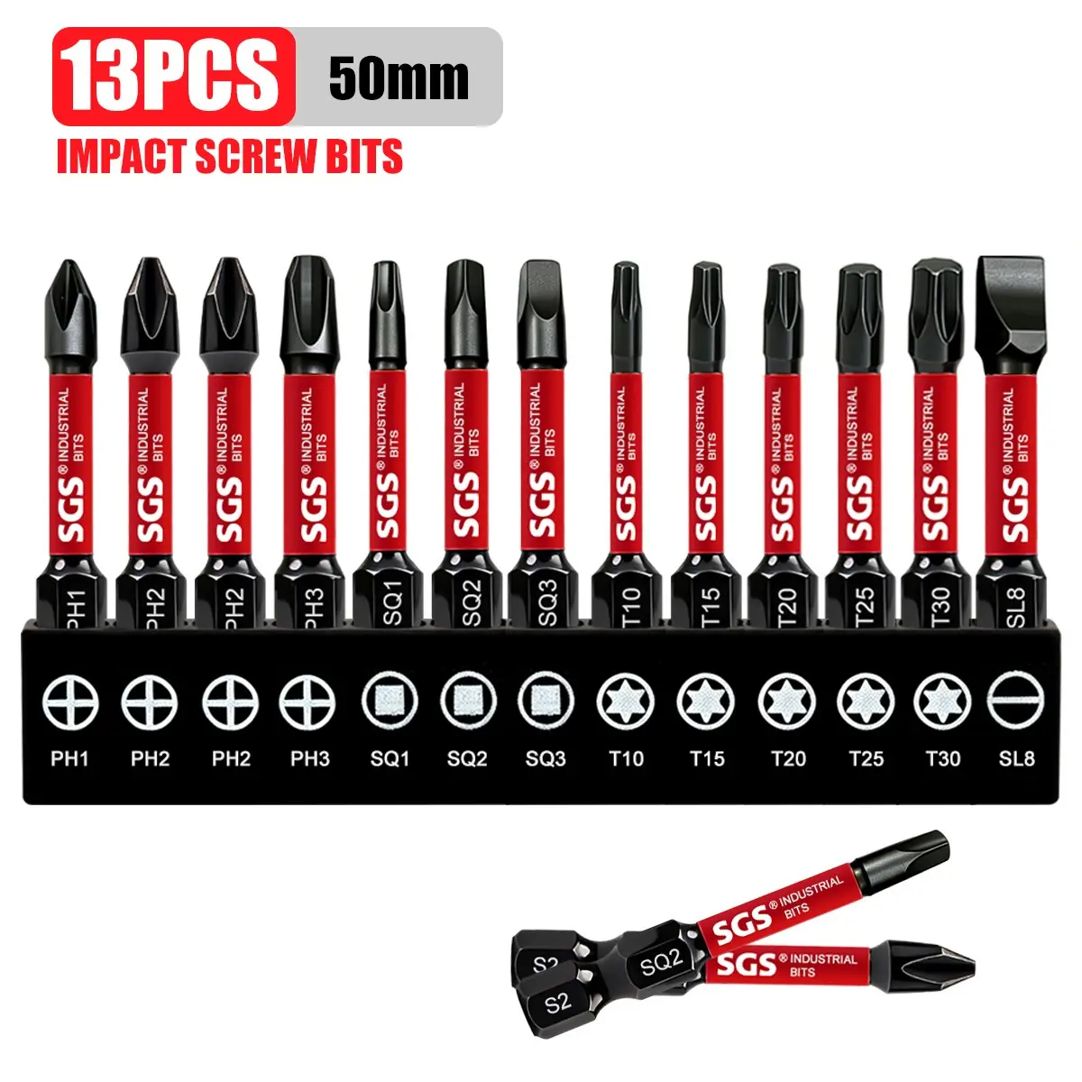 13Pcs 50mm Extended S2 Magnetic Impact Screwdriver Bit Set, Phillips/Square/Torx/Slotted Industrial Drill Bits with Storage Base