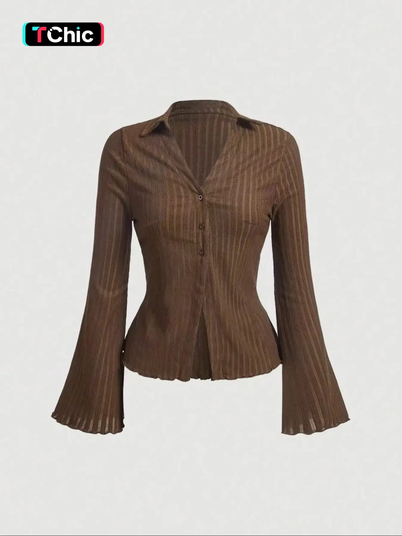 Women's Plain Woven Fabric Lettuce Trim Flounce Sleeve Button Front Blouse Shirts Button Down Shirts, Casual Chic Minimalist Everyday Long Sleeve Buttoned Collared Top for Daily Wear, Ladies Clothes for All Seasons Womenswear Soft