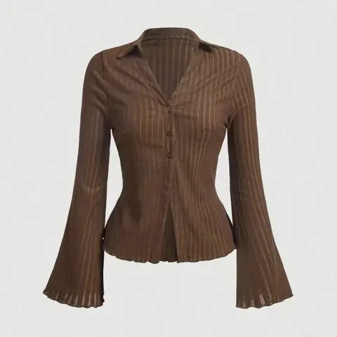 【Black Friday】Women's Plain Lettuce Trim Flounce Sleeve Button Front Blouse, Casual Chic Minimalist Long Sleeve Collared Top for Daily Wear, Woven Fabric, Ladies Clothes for All Seasons, Soft Womenswear