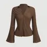 【Black Friday】Women's Plain Lettuce Trim Flounce Sleeve Button Front Blouse, Casual Chic Minimalist Long Sleeve Collared Top for Daily Wear, Woven Fabric, Ladies Clothes for All Seasons, Soft Womenswear