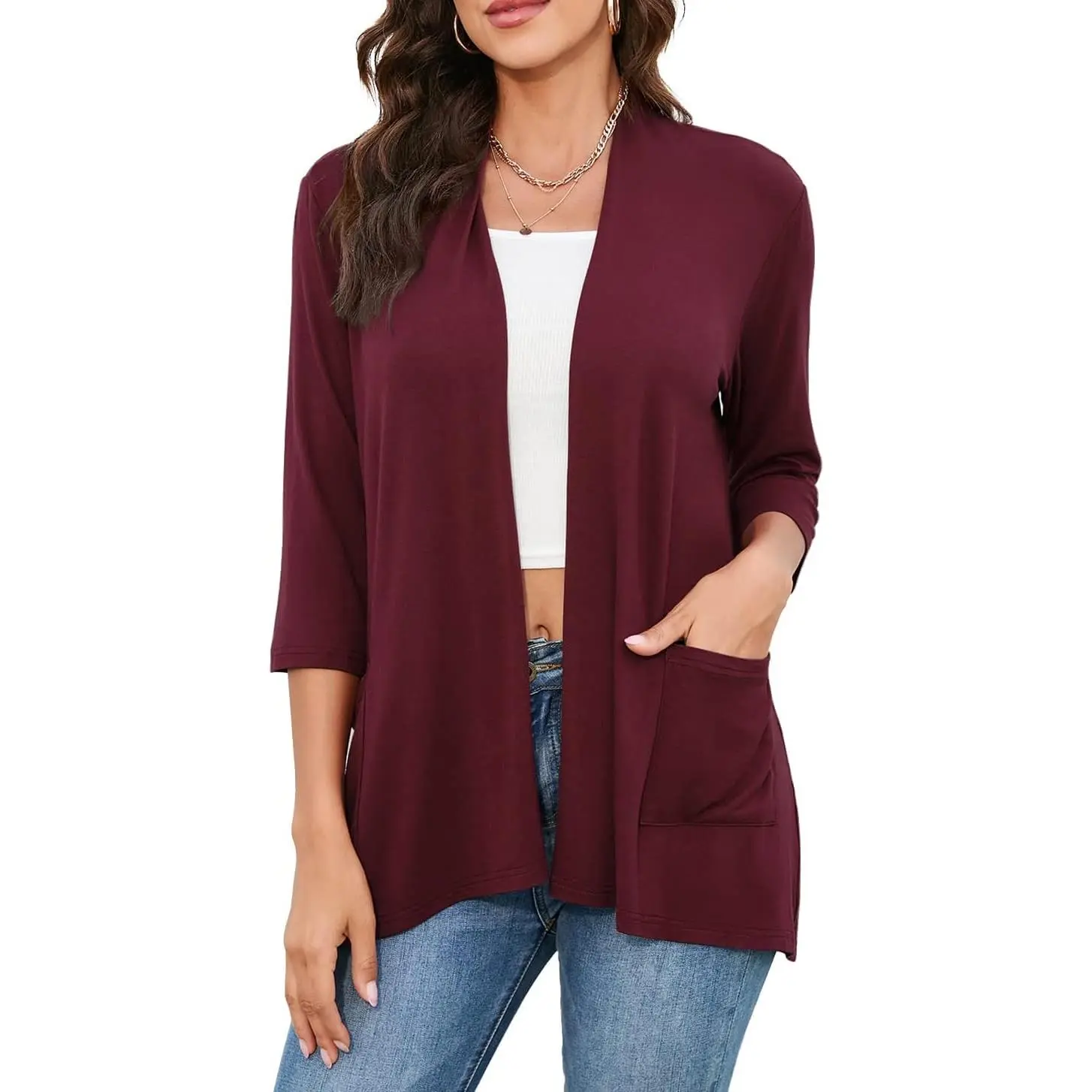 Womens Casual Lightweight Cardigans with Pockets 3/4 Sleeve Open Front Dusters