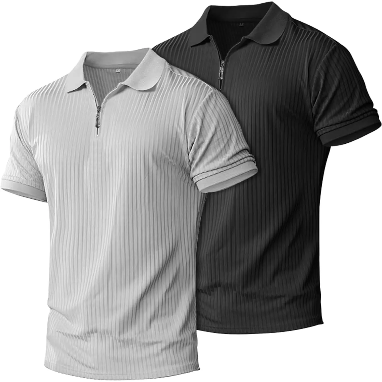 plop 2 Pack Mens 1/4 Zipper Muscle Polo Shirts Slim Fit Collared Shirt Short Sleeve Ribbed Knit Fitted Casual Athletic Tee