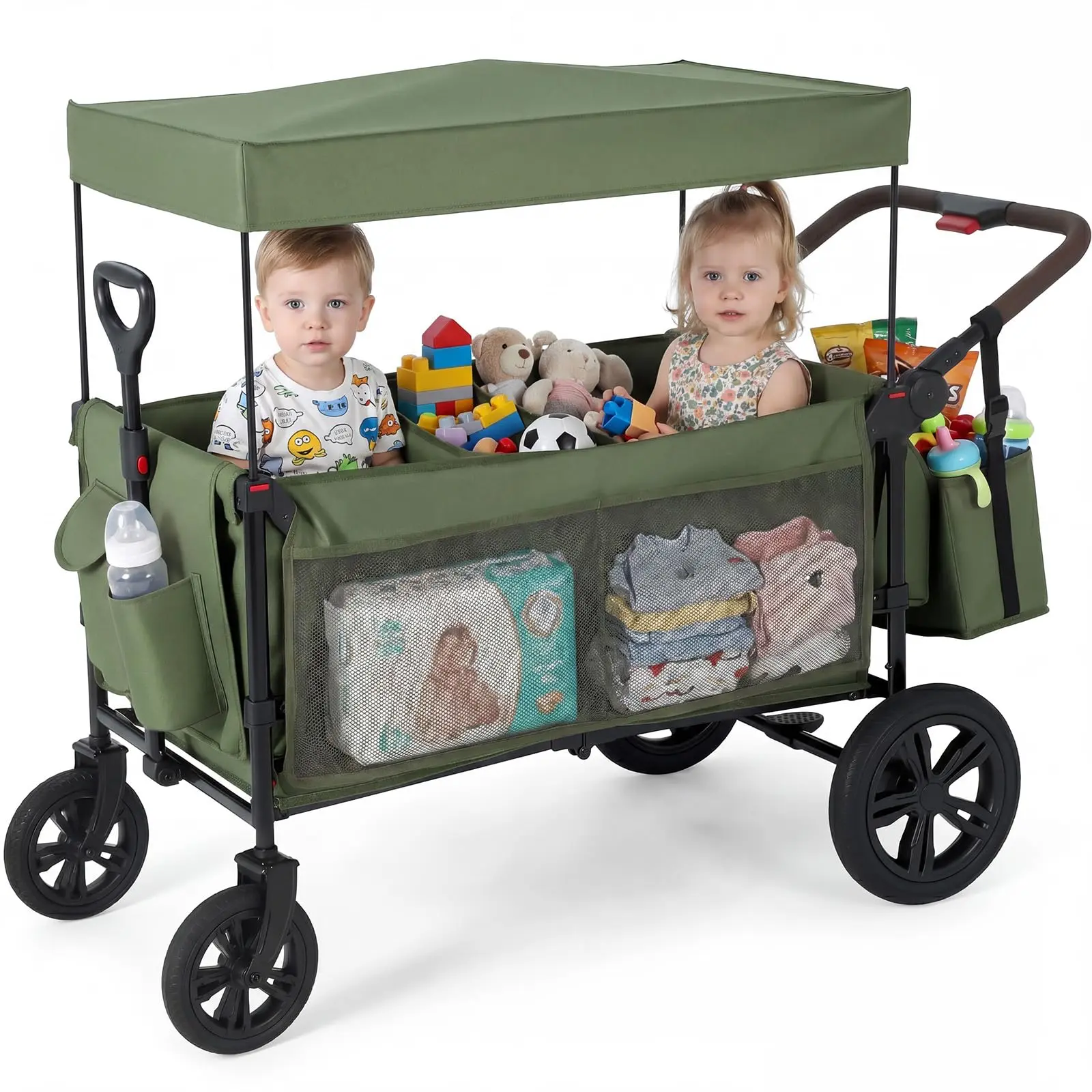 GARVEE Wagon Foldable All-Terrain 2-Seater Stroller Wagon with One-Hand Adjustable Push Pull Handle, Removable Canopy, 5-Point Harness, Large Storage Pocket in Olive Green