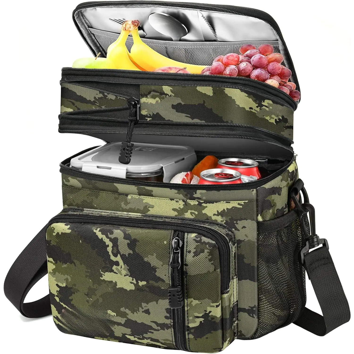 15L Camouflage Soft Fabric Cooler Bag - Double-Deck, Leakproof, Insulated, Zip Closure Adult Lunch Bag for Men, Outdoor Camping, Work