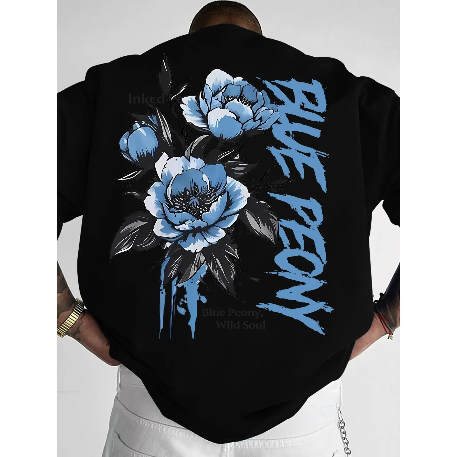 Blue Peony Front Back Graphic Tee Vintage Wash Aesthetic Premium Cotton Tshirt Floral Botanical Art T Shirt Women Short Sleeve Crewneck Top Fun Gift Men Loose Casual Top Oversized Summer Outfit