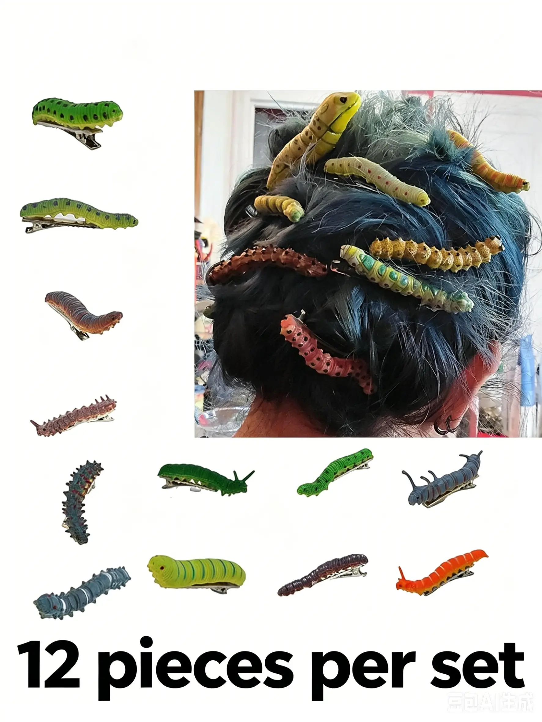 12 Hand-Drawn Caterpillar Hair Clips, Hair Clip Set, Clips for Hair, Animal Pattern Party Accessories, Fun 3D Bug Duckbill Hair Clips, All Seasons Headwear