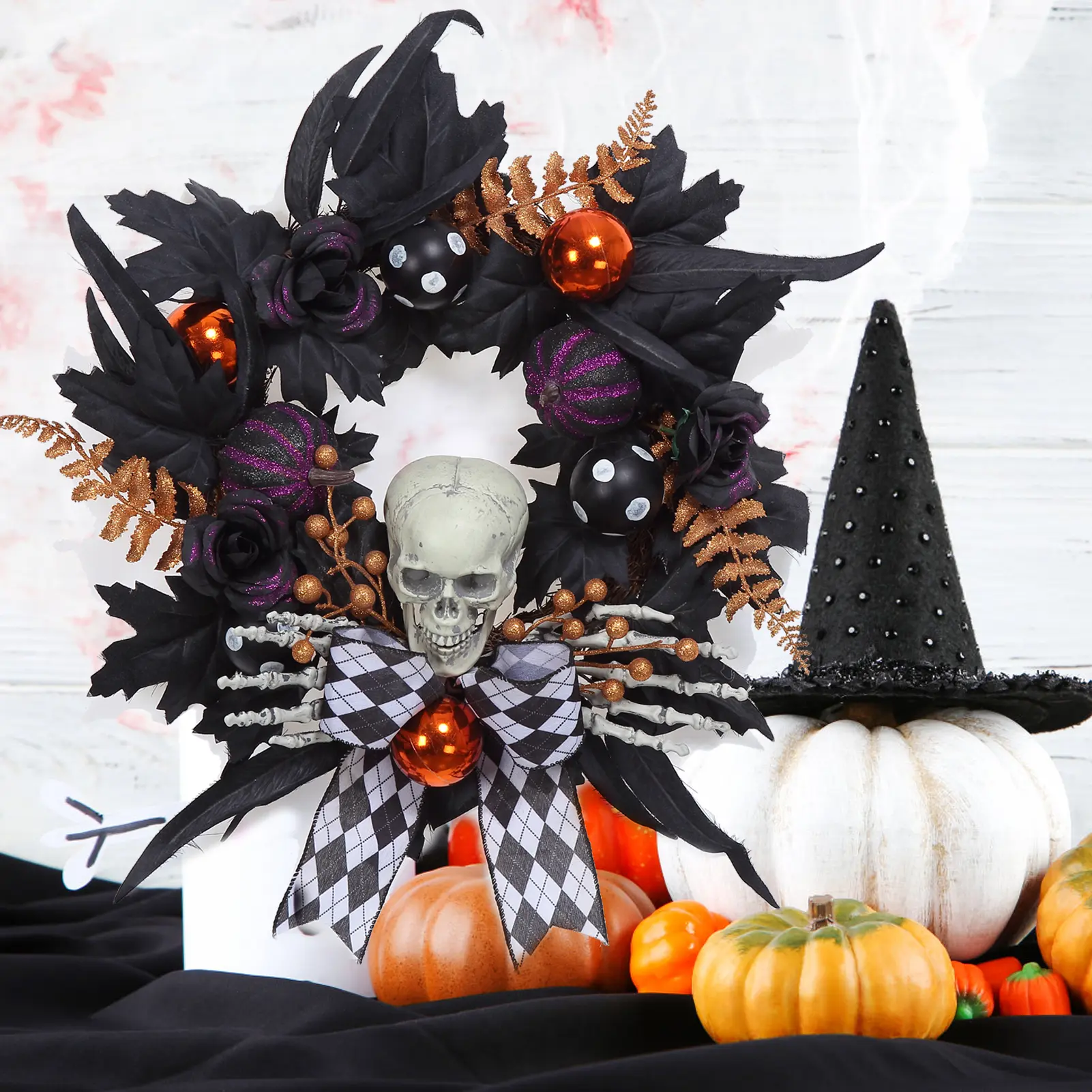 Garvee 20" Halloween Skeleton Decorative Motif Wreath for Front Door - Black Feathers, Maple Leaves, Roses & Ball Ornaments - Indoor/Outdoor Wall Porch Party Decor - Black & White Plaid Bow