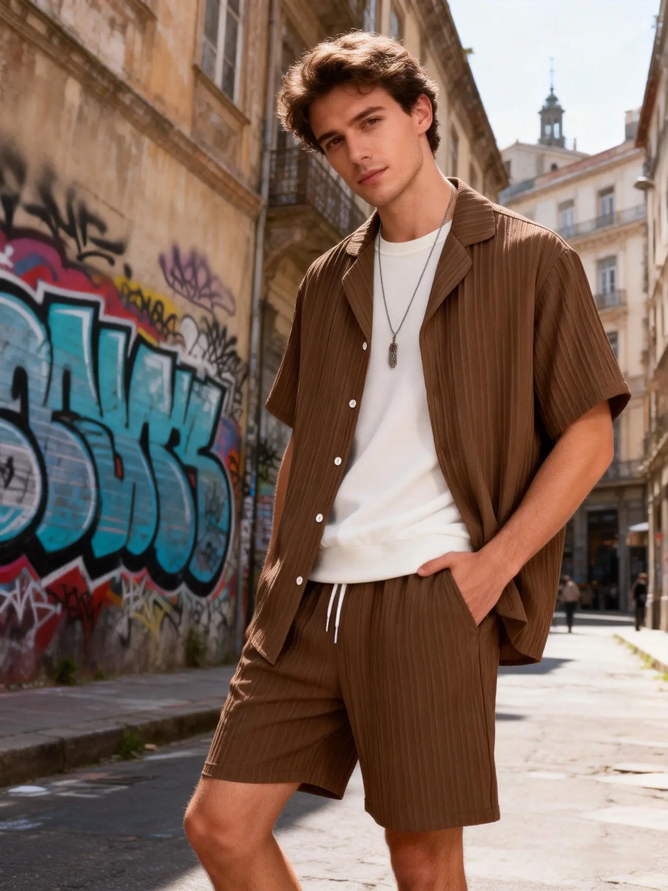 2 Pieces Men Matching Tracksuit, Coffee Vertical Pleated Cuban Collar Roll Sleeve Shirt & White Drawstring Knee Shorts, Light Mature Casual Style, Breathable Wrinkle Resistant Fabric For Men Office Home Street Vacation Daily Wear