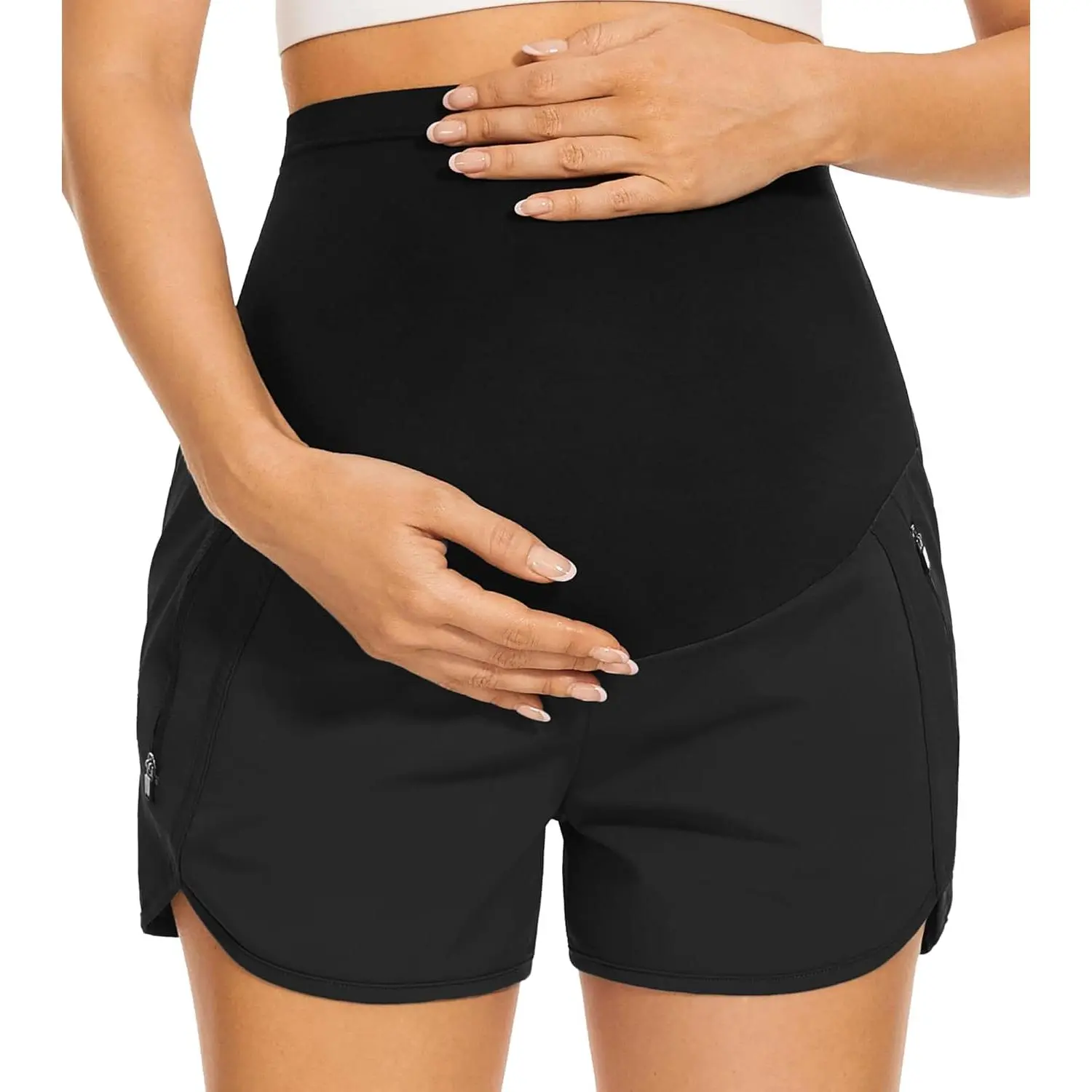 Women's Maternity Shorts Over Belly Quick Dry Workout Athletic Running Shorts with Zipper Pockets