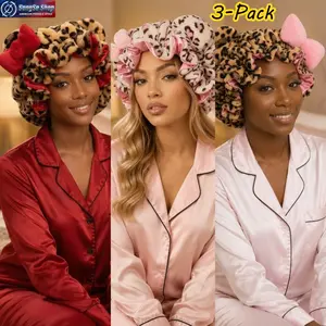 2/3-Pack Leopard Print Satin-Lined Sleep Bonnets for Women with Storage Pouch, Adjustable Plush Teddy Bear Hair Caps, Soft Nighttime Hair Protection Bonnet for Curly Hair, Sleeping, Hair Care, Home Relaxing & Daily Beauty Routine