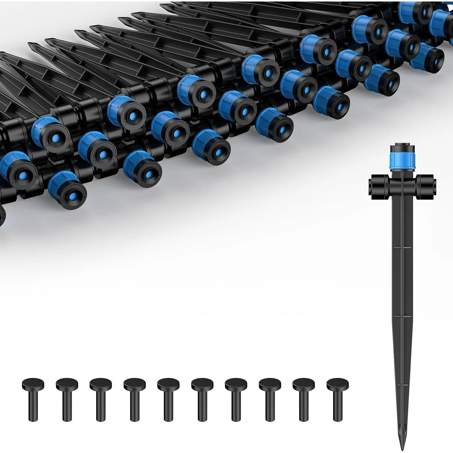30 Pcs Push-to-Fit Drip Irrigation Emitters for 1/4 Inch Tubing, Two-Way Connection Irrigation Drippers with Adjustable 360 Degree Water Flow, Drip Emitters Sprayers with Stake & End Plugs