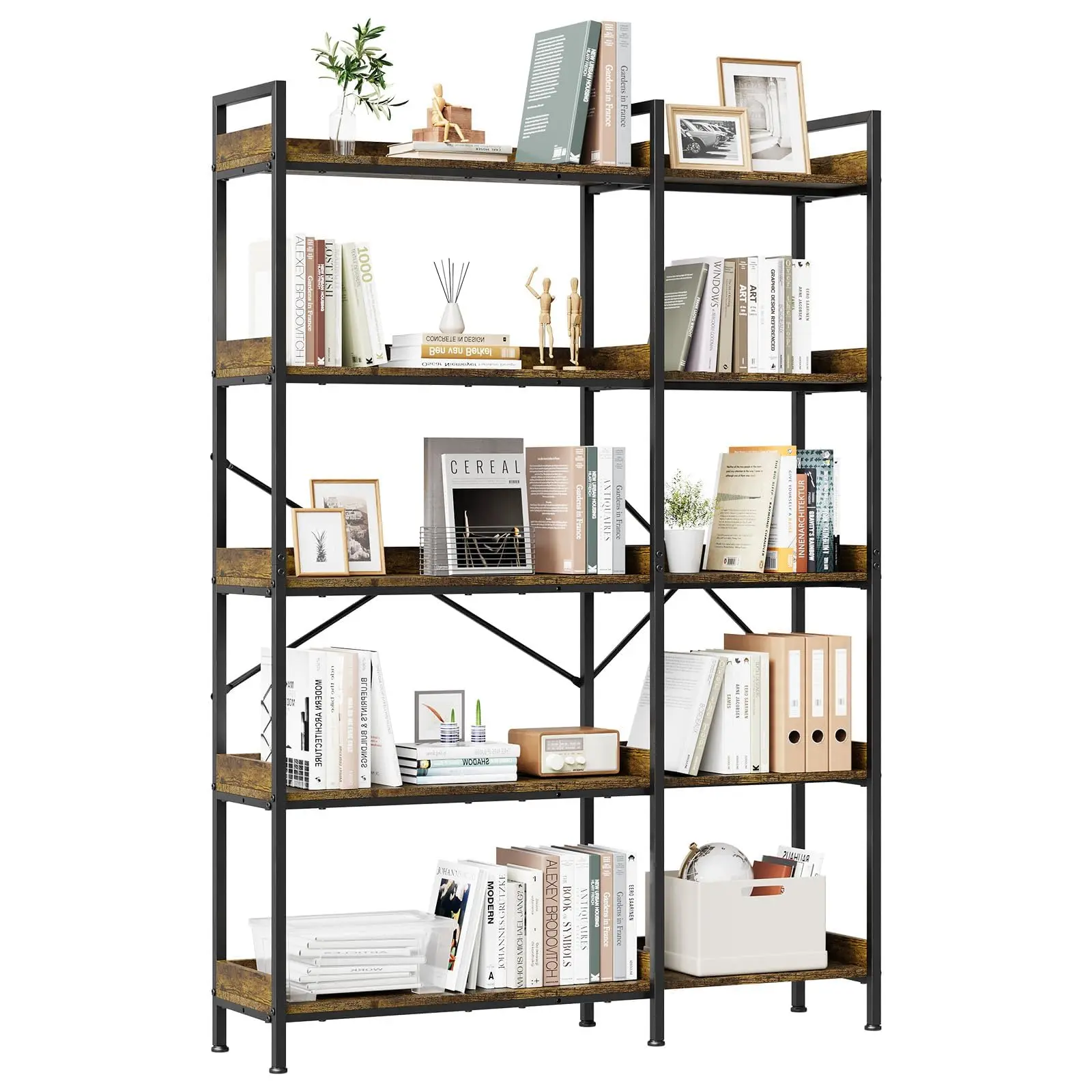 Garvee - Triple 5-Tier Bookshelf, Wide Shelf, Rustic Wooden Shelf, Adds Character to Your Room, Bedroom, Living Room, Home, and Office
