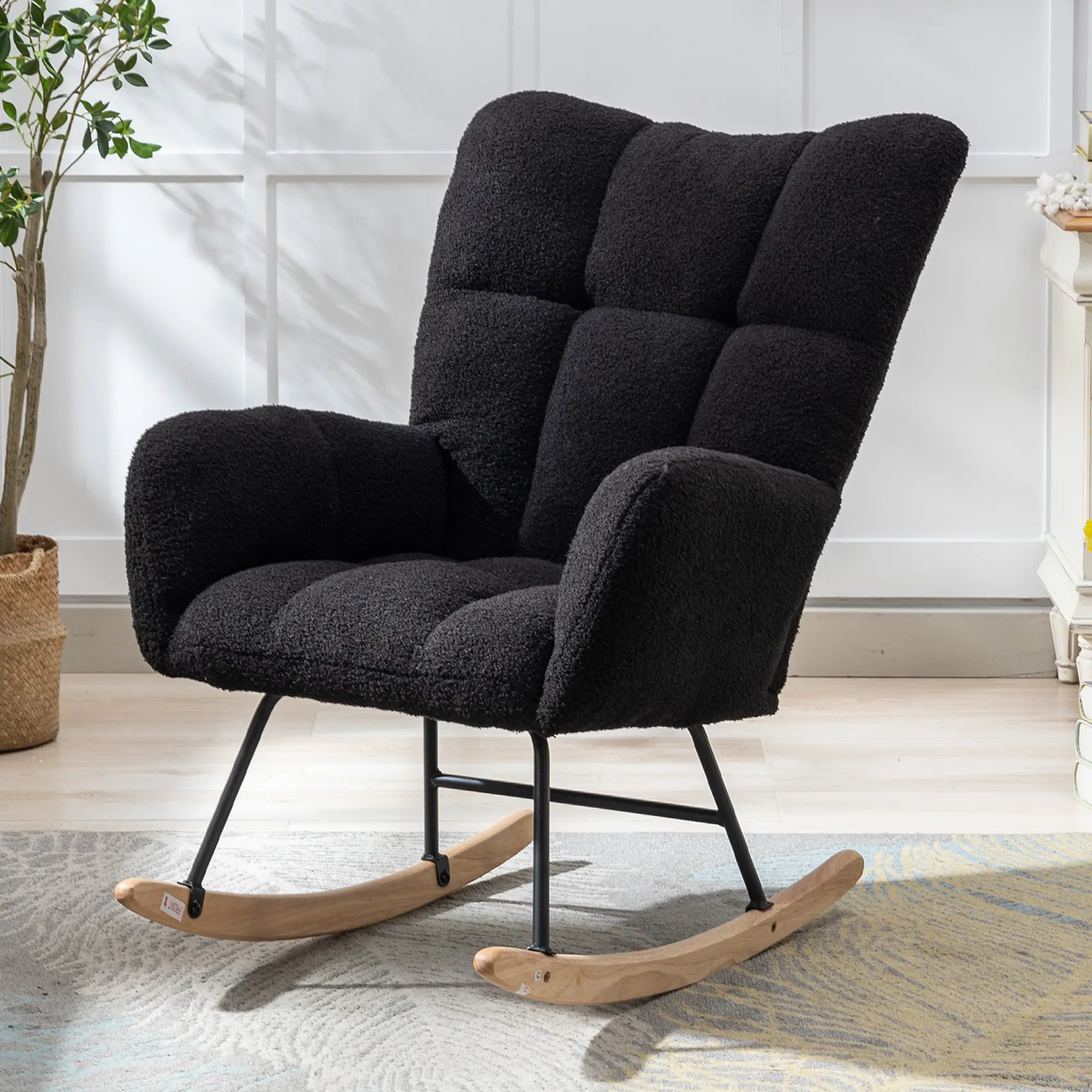 ARCH Dark Blue Teddy Fabric Wingback Glider Rocker Chair - Ergonomic Nursing Chair with Side Storage Pocket, Solid Wood Base, Soft Plush Foam, for Nursery, Living Room, Bedroom