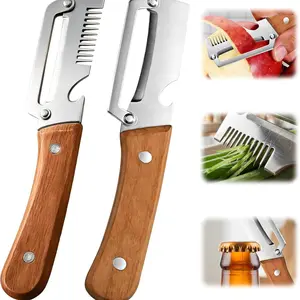 2 PCS Multifunctional Vegetable Peeler for Kitchen, 2026 New 3 in 1 Stainless Steel Blade with Wooden Handle and Bottle Opener, Ultra-Sharp Kitchen Tool for Fruits and Vegetables sugar cane premium-grade