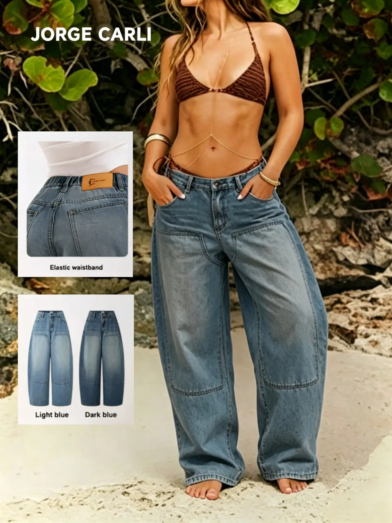JORGE CARLI Women's Casual Straight Leg Denim Jeans, Loose-Fitting Elastic Plain Pants for All Seasons