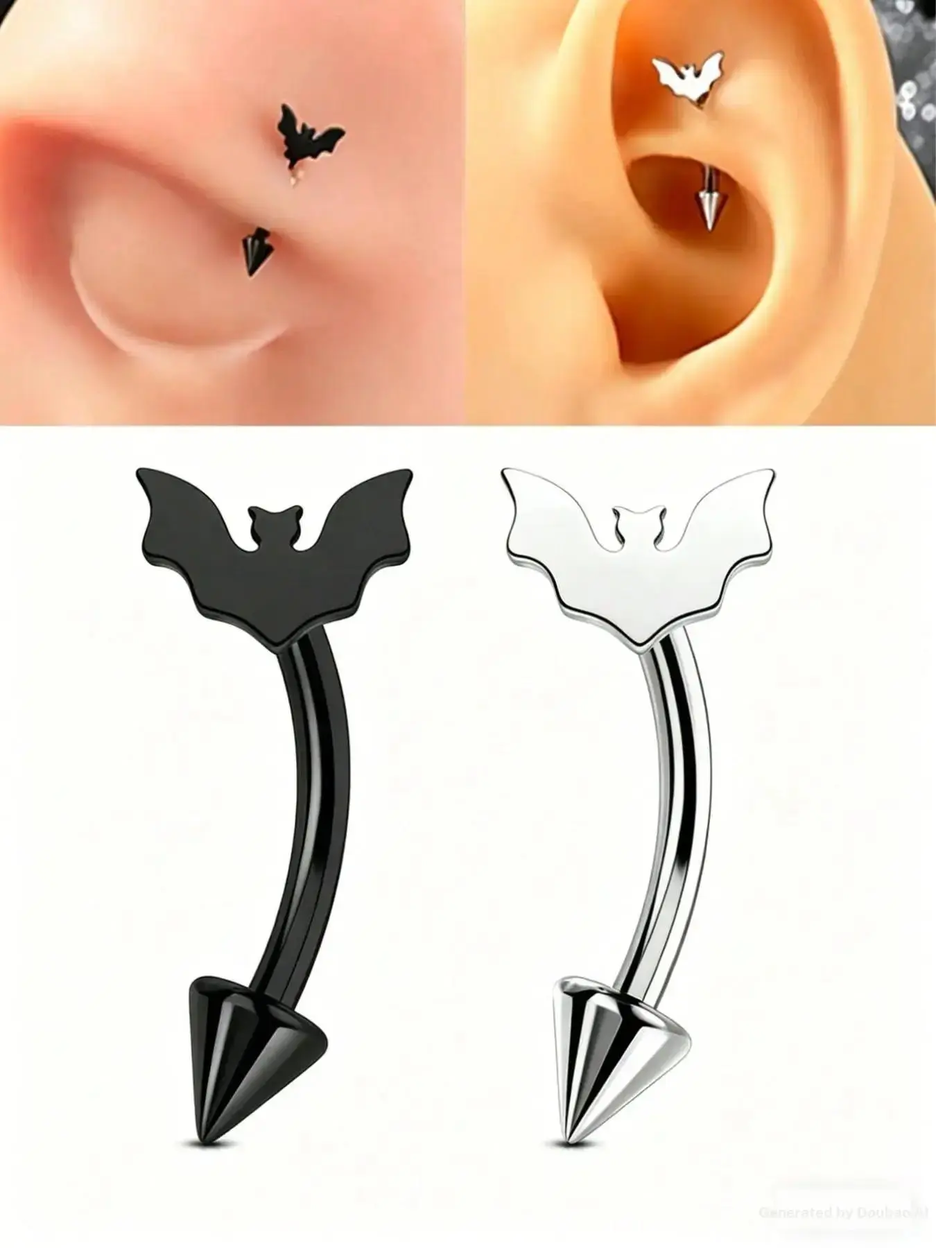 2 Piece Set Stainless Steel Bat Shape Eyebrow Studs, Punk Style Inner Thread Curved Ear Piercings, Soft Cartilage Lip Rings for Women, Body Piercing Jewelry