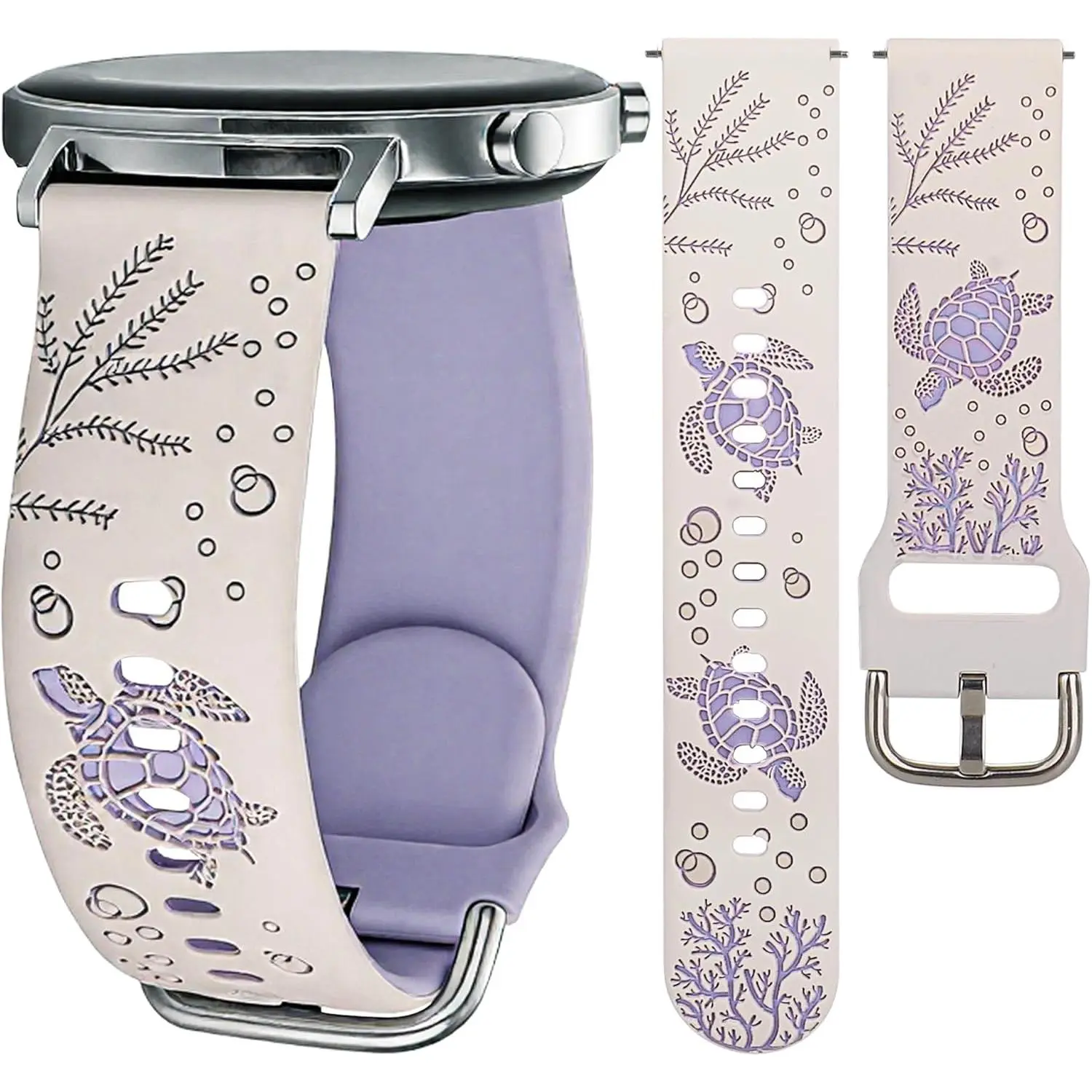 Sea Turtle Engraved Band Compatible with Samsung Galaxy Watch 7 Band 6 5 4 Active 2 40mm/44mm, 20mm Two-Tone Cute Silicone Band for Galaxy Watch 3(41mm) 6/4 Classic, Watch FE(40mm)/5 Pro(45mm)