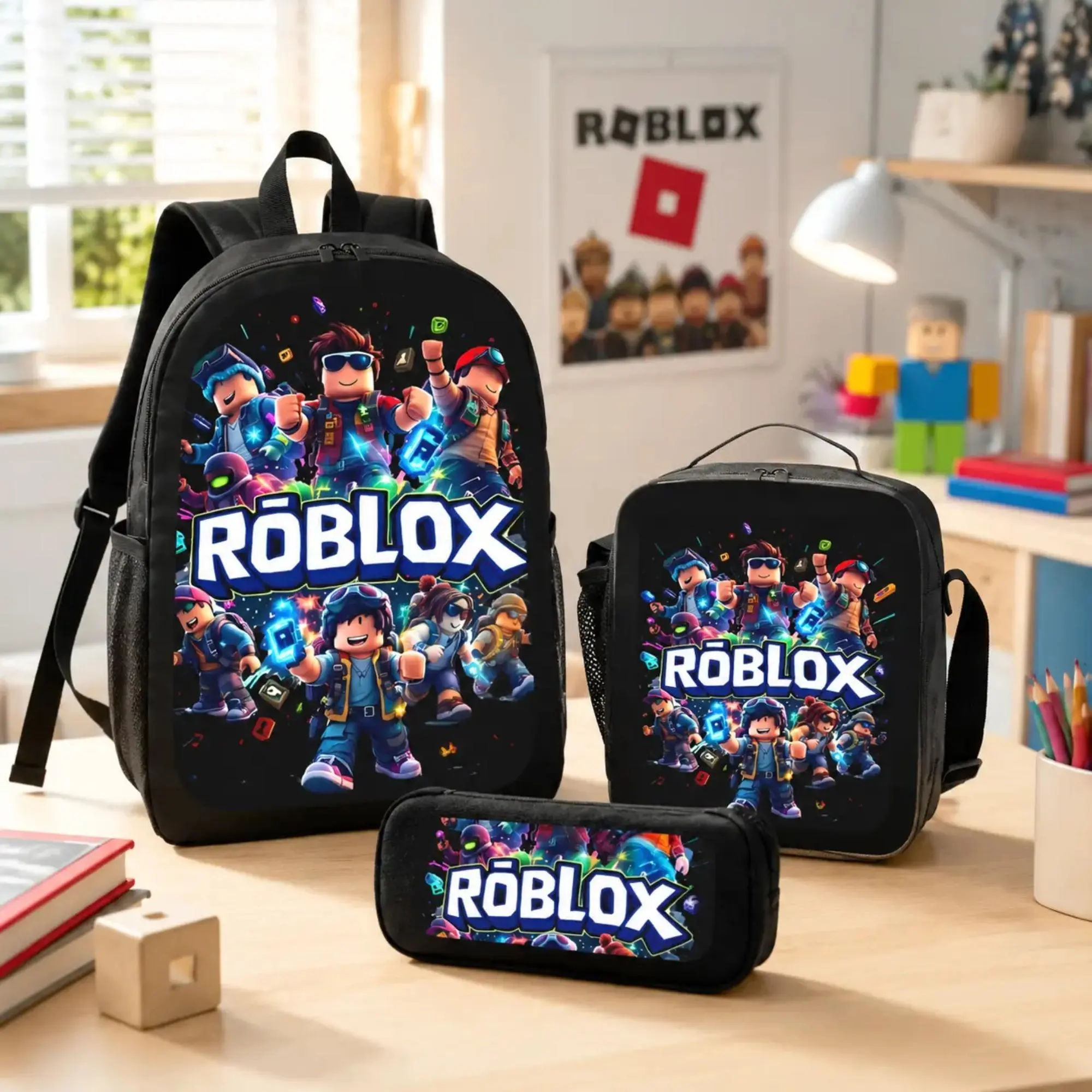 Roblox Printed Backpack Set (3 pieces) Backpack Lunchbox and Pencil Case Suitable for children and students. Lightweight TK backpack. Durable