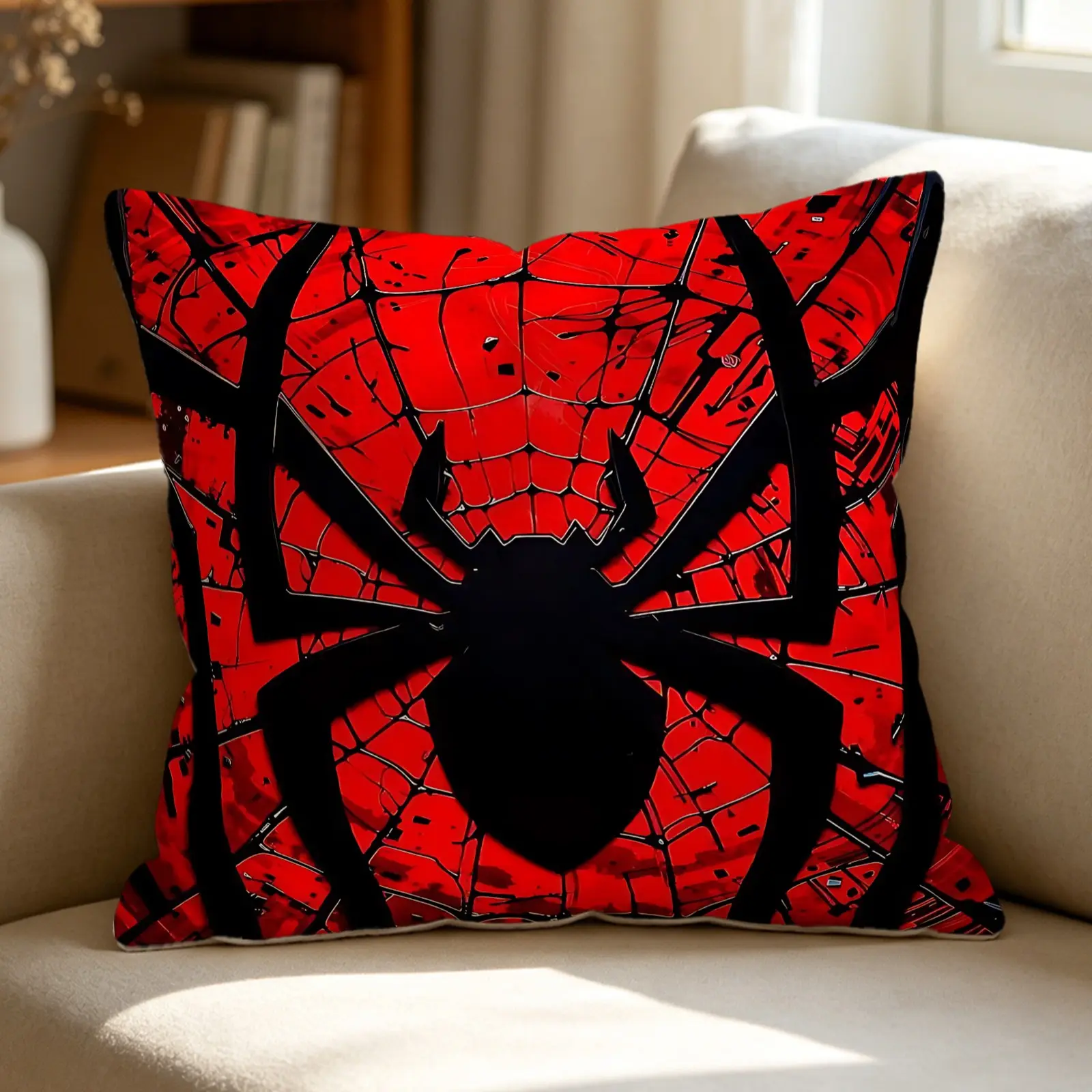 Halloween Scary Black Spider Web Digital Print Throw Pillow, Gothic Accent Pillow Decor Cushion, Includes Pillow Core, Vivid Spooky Pattern, Ideal Decor for Sofa, Couch, Bedroom, Halloween Party, Indoor Home Holiday Decoration