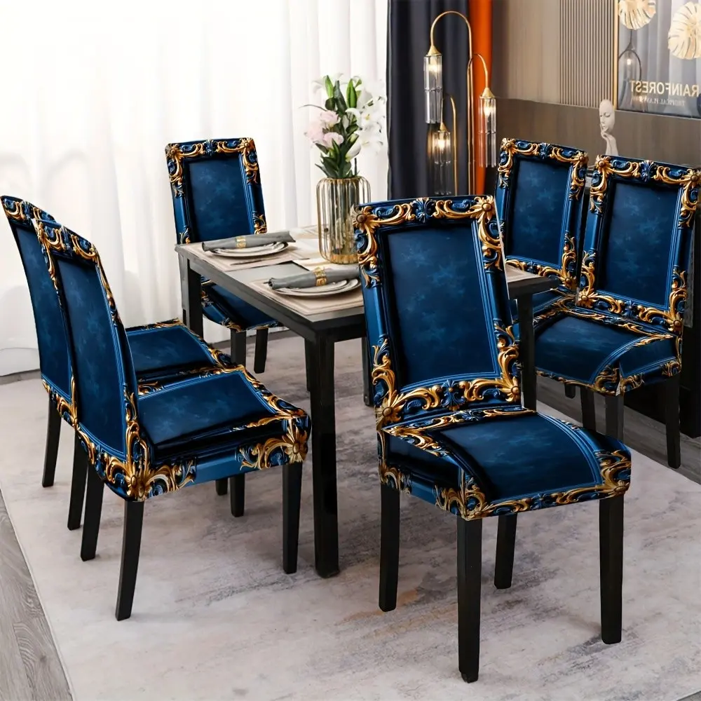 Elegant Blue Quick-Dry Chair Covers, Dining Chair Slipcovers, Trim, 4/6 Piece Set, Restaurant Decor, Furniture Protection, 2D Flat Pattern, Washable Chair Cover