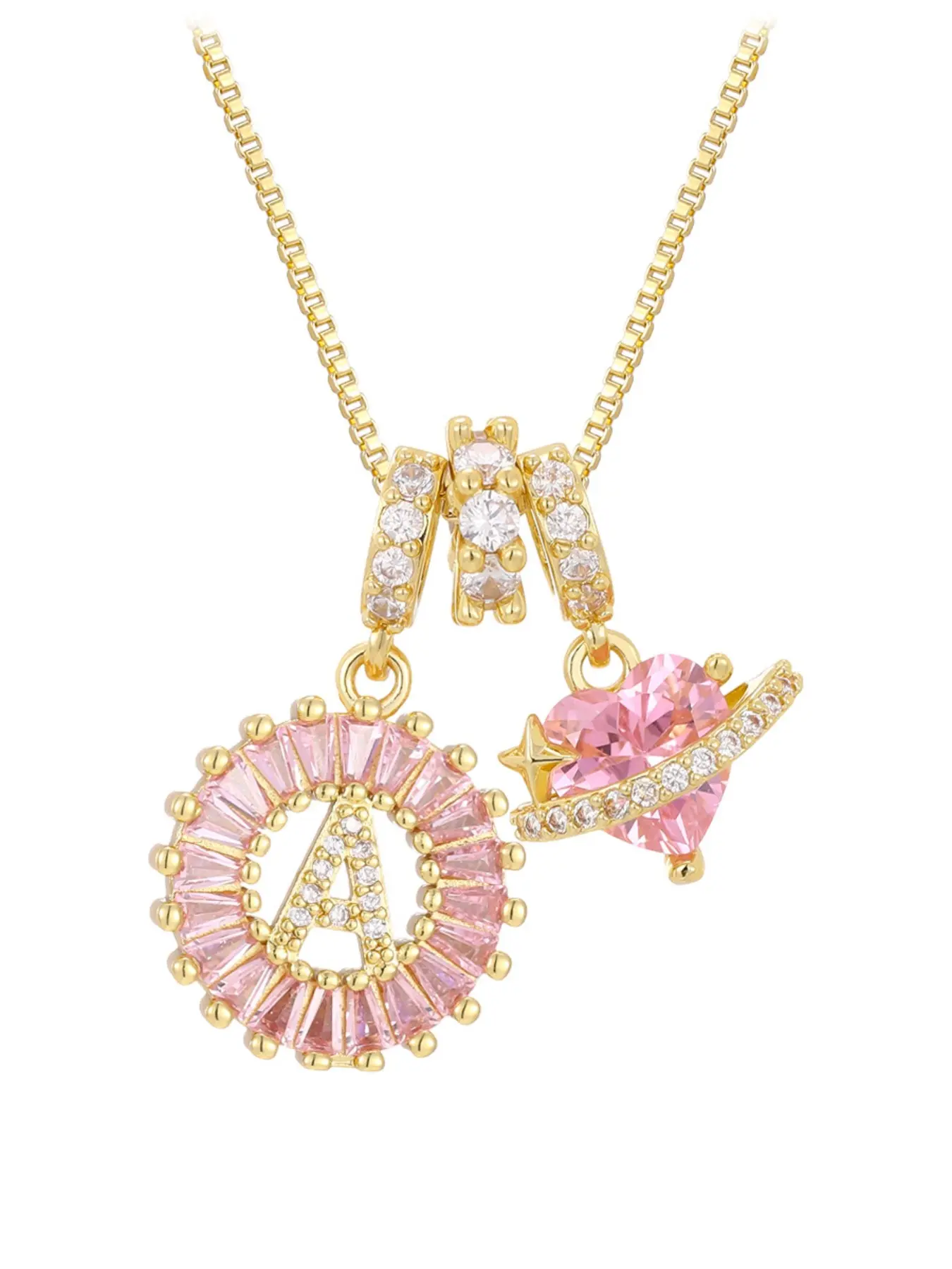 1pc Personalized Pink Crystal Initial Necklace for Women, A-Z Letter Pendant Necklace with Pink Heart Planet Charm, Gold Tone Cubic Zirconia Alphabet Jewelry, Cute Celestial Necklace, Trendy Y2K Fashion Accessory, Birthday Anniversary Valentine's Day Gift