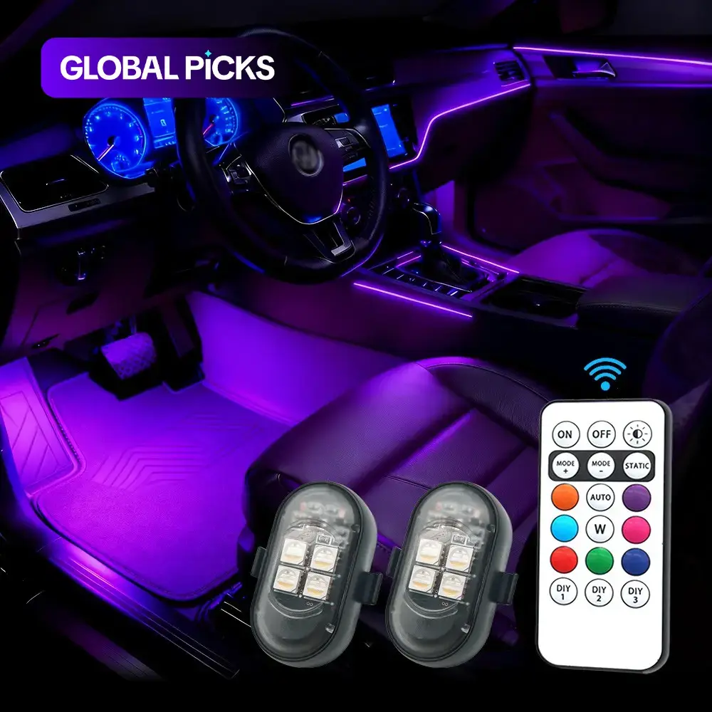 Car LED Decorative Lights, Wireless Atmosphere Lamp with Multi-Color Modes and USB Charging, for Interior, Grille and Warning Lights, LED Car Ambient Lighting, Car Light Embellishments