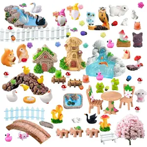 100 Pcs Mini Fairy Garden Accessories - Miniature Landscape Decorations with Bridge Pond House Gnome Figurines Mini Resin Animals Bulk for Dollhouse Garden Craft