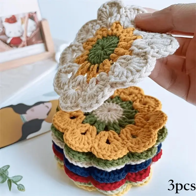 3pcs Hand-Crocheted Coasters for Drinks Suitable for Kitchen & Dining Table Decor - Thick Heat-Resistant Floral Table Protectors with Crochet Edges, Decorative Fabric Insulators for Hot Cups Mugs, Rustic Table Setting Accessories