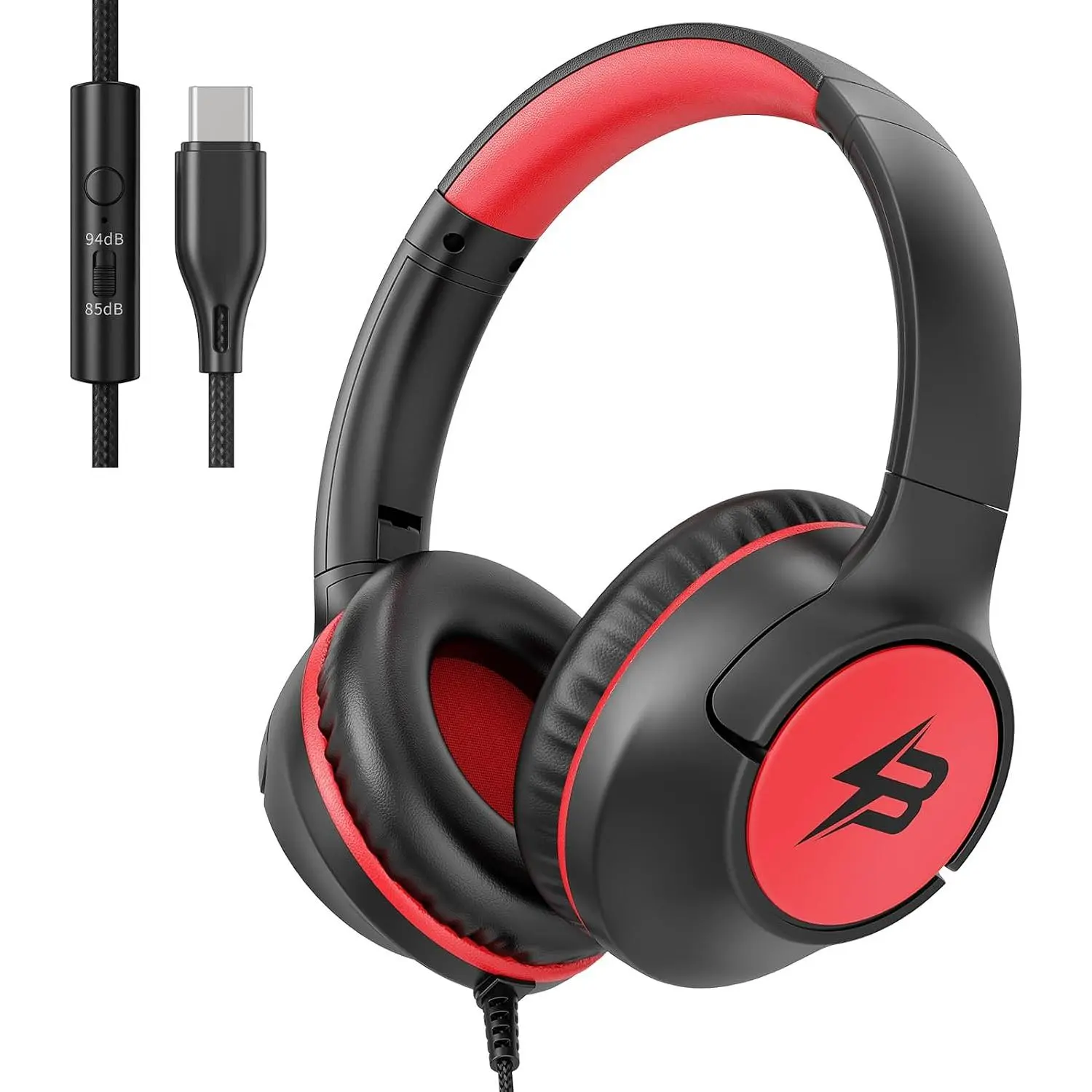 USB C Headphones Wired for , 85/94dB Volume Limit With Mic, Black Red |  Headphones for School, Wired Over Ear USBC Plug in Corded Headphones for Boys Girl , iPad, Tablet, Airplane Travel