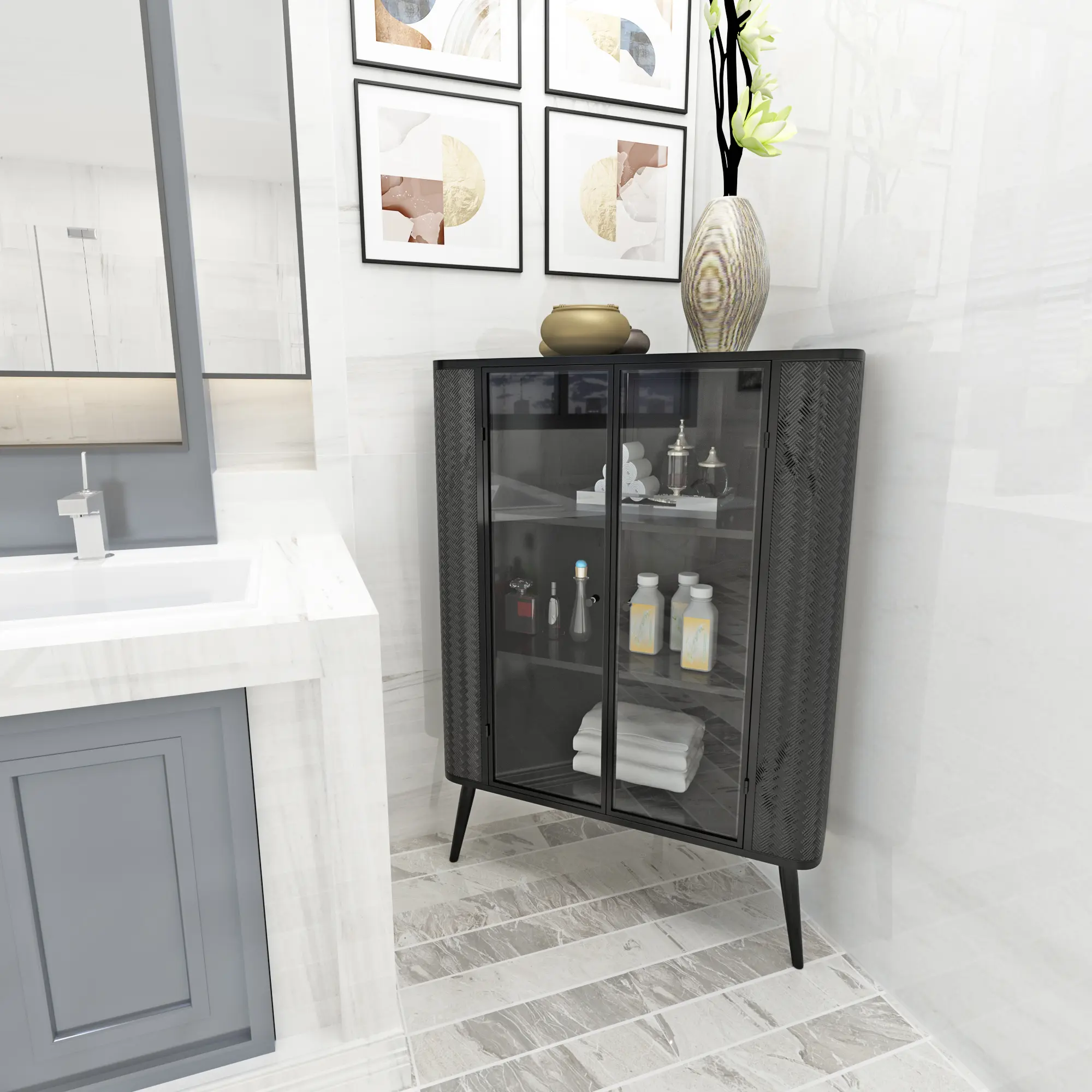 ARCH Modern 3-Tier Corner Storage Cabinet - Space Saving Furniture for Small Spaces, Corner Living Room Furniture, Tempered Glass Doors, Adjustable Removable Shelves, Metal Frame, Freestanding Multi-Function Organizer, Assembly Required, Indoor Use