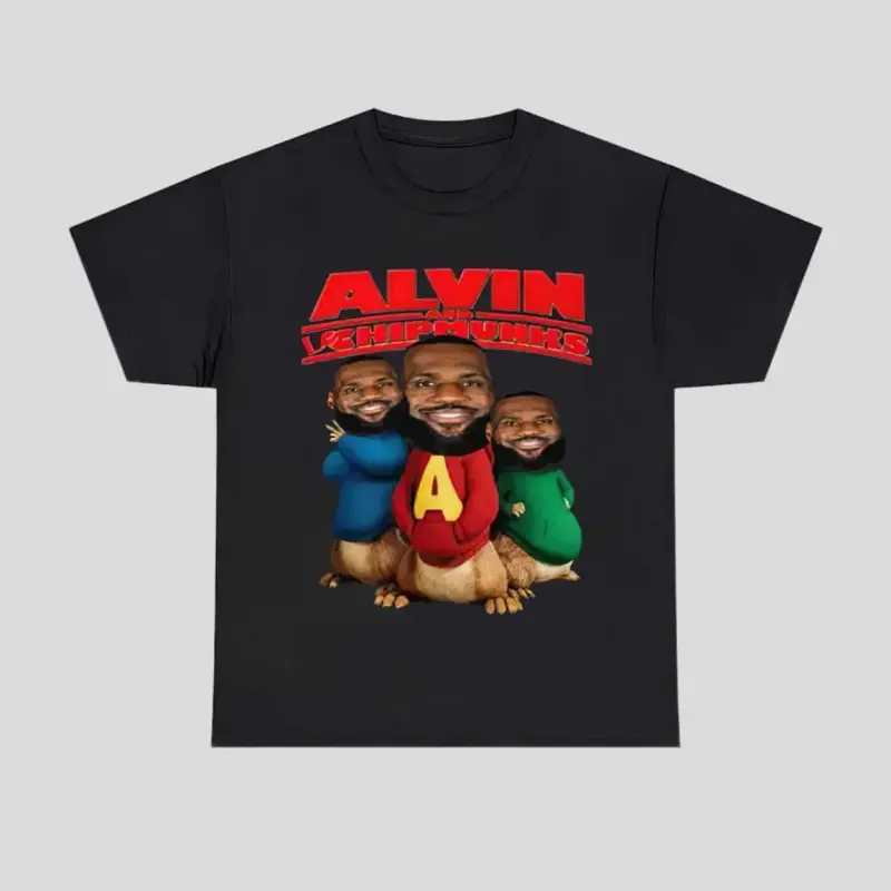 Women's Loose Short-Sleeve Soft Cotton Vintage Black LeBron James Alvin & The Chipmunks Meme Oversized T-Shirt, Funny Basketball Graphic Streetwear Top, Matches Cargo Pants-Caps-Trucker Hats-Skate Sneakers for Everyday-Game Days (Birthday Gift Option)