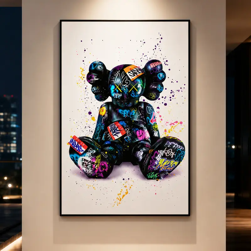Hypebeast Graffiti Bear Canvas Painting - Premium Minimalist Contemporary Street Art Poster, Urban Home Decor for Bedroom, Posters & Prints Wall Art
