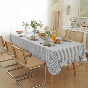 Cotton 60 x 120 Inch Farmhouse Ruffle Tablecloth Blue White Striped Flounces Trim Table Cover for Rectangle Table Kitchen Party Wedding Decor