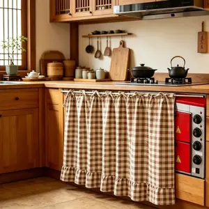 Farmhouse Grid Pattern Ruffle Oven and Cabinet Curtain for Kitchen Rural Style Home Decor