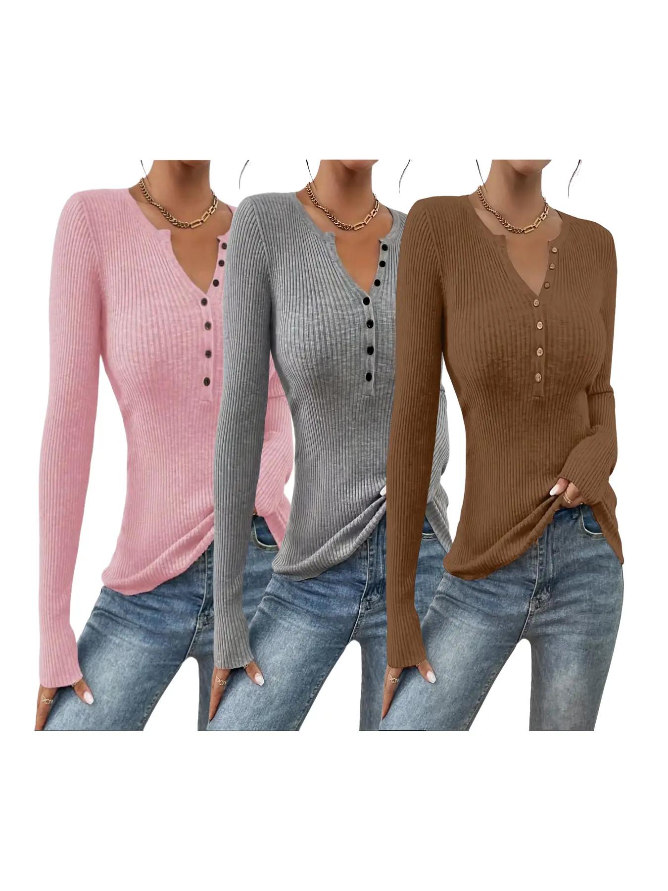 Women's Plain Button-Front Ribbed Sweater, Elegant Chic Slim Fit Long Sleeve Round Neck Jumper for Spring, Fashion Ladies' Knitwear for Daily Wear, Slim Fit Sweater for Women