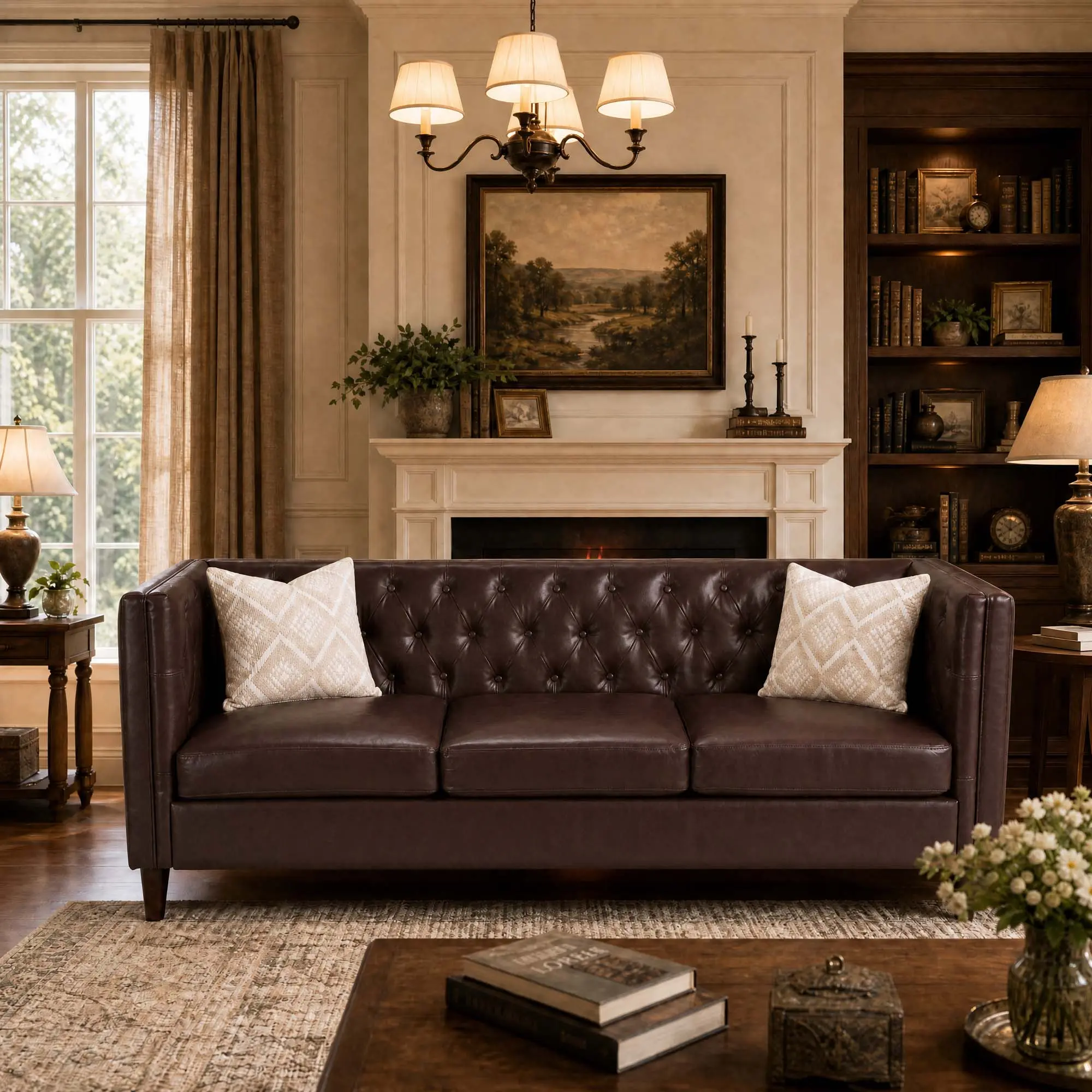 Modern Chesterfield 81'' Leather Sofa for Living Room - 3-Seater Deep Cushioned Seat - Handmade Button Tufted Back - Sturdy Wooden Frame, Comfortable & Stylish Mid-Century Couch for Apartment, Office, Home
