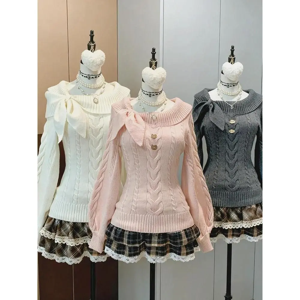 2026 Spring Thin Bow Knitted Pullover Female Sweet Lace Japanese Loose Sweater Office Lady Autumn Y2k Winter Slim Jumper Outfits