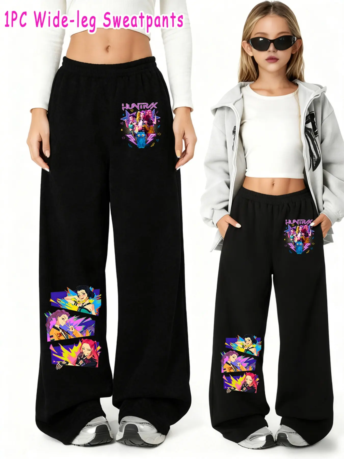 Girl Kpop Demon Hunters Korean Series, Spring Fall Fashion Comfortable Bottoms Wide Leg Pants, Star Background Cartoon Print Casual Pants, Perfect Christmas Gift