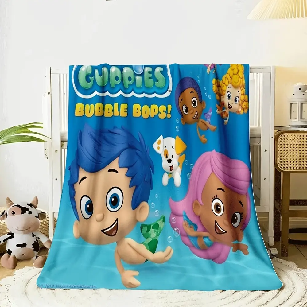 1pc Bubble Guppies Cartoon Print Flannel Blanket Kids Underwater Character Soft Warm Throw Blanket Sofa Bed Children Room Decor