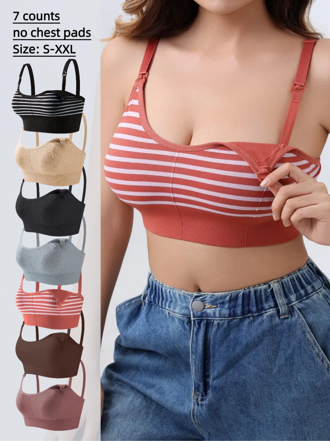 3pcs/5pcs/7pcs Striped Seamless Double Layer Soft Support Nursing Bra, Adjustable Straps, Comfortable Pregnancy Breastfeeding Top, Maternity Bra