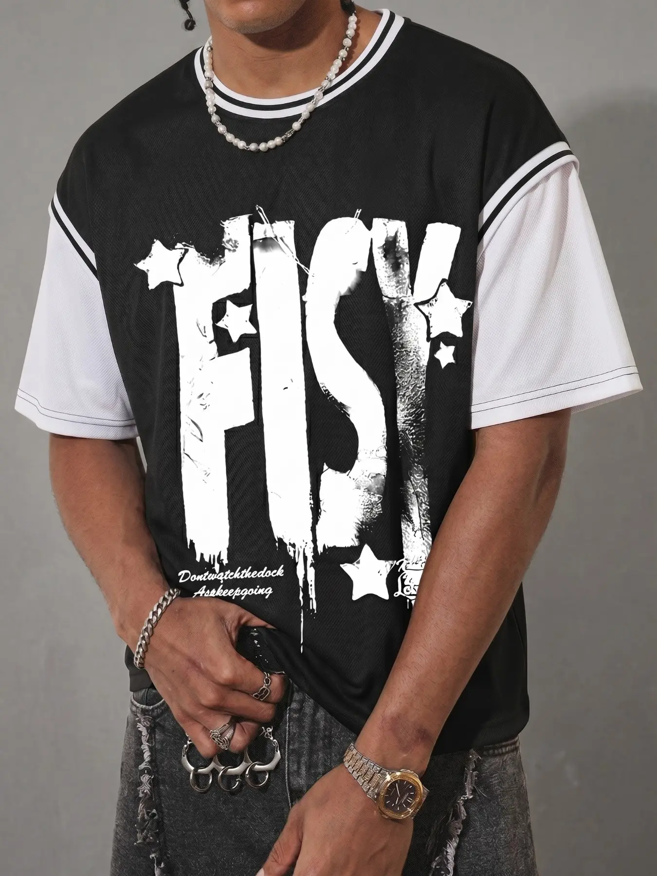 Black White Contrast Mesh Baseball Jersey with Distressed Drip “FISY” Big Letter & Star Print, Oversized Loose Streetwear Short Sleeve Top, Hype Essential Casual Daily Skater Summer Outfit for Teen Boys & Urban Streetwear Lovers. #Streetwear #BaseballJers