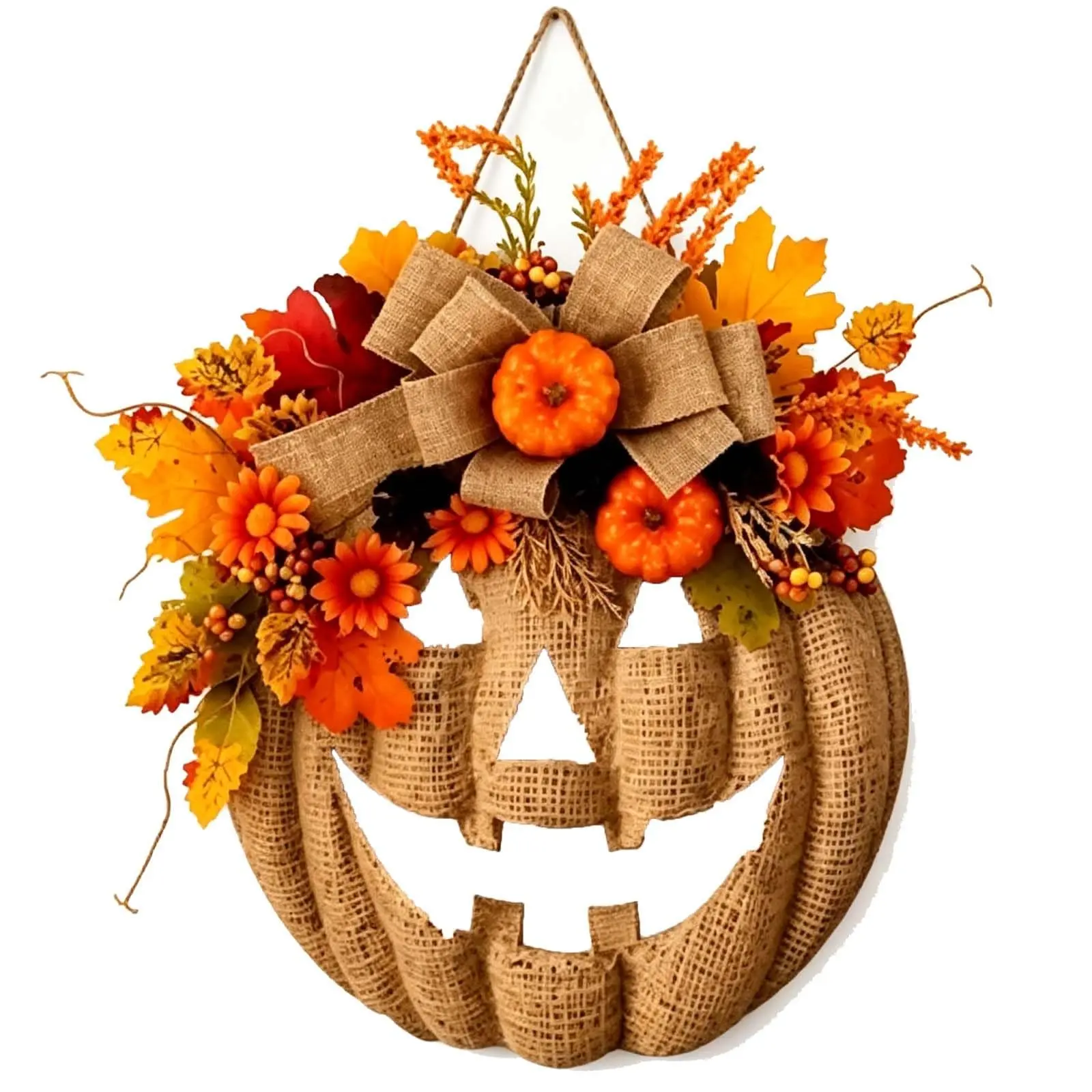 Hemp Pumpkin Wreath, Rustic Fall Wreath, Halloween Fall Wreath, Perfect for Porch Home Decor, Autumn Door Decoration, Festive Decoration, Hanging Ornaments
